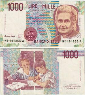 Q1918 Banknote Italy 1000 Lire Maria Montessori 1990 AU -> Make offer