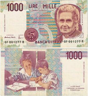 Q1922 Banknote Italy 1000 Lire Maria Montessori 1990 aUNC -> Make offer