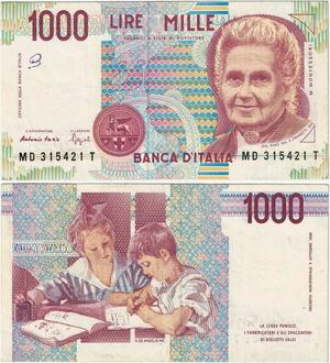 Q1928 Banknote Italy 1000 Lire Maria Montessori 1990 AU -> Make offer