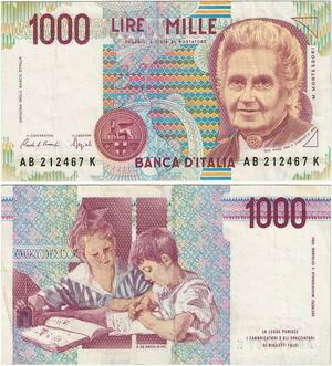 Q1930 Banknote Italy 1000 Lire Maria Montessori 1990 AU -> Make offer