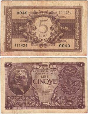 Q1935 Banknote Italy 5 Lire Helmeted Italia Luogotenenza 1944 -> Make offer