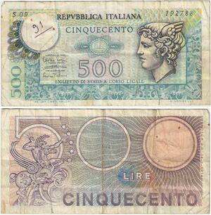 Q1937 Banknote Italy 500 Lire Mercury 1974 1979 -> Make offer
