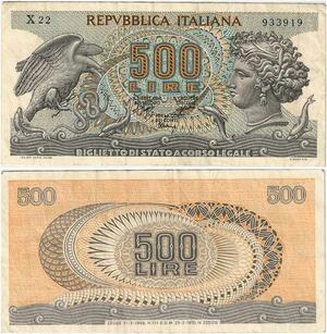 Q1938 Banknote Italy 500 Lire Arethusa 1966 1970 -> Make offer