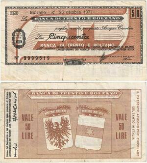 Q1939 Italy 50 Lire 1977 Miniassegni Banca di Trento e Bolzano > Make offer