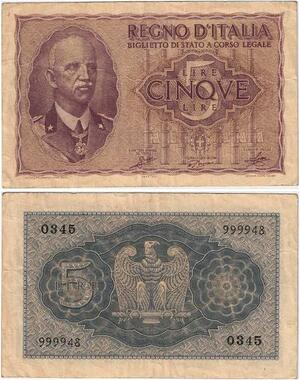 Q1946 Banknote Italy 5 Lire Vittorio Emanuele III 1944 -> Make offer