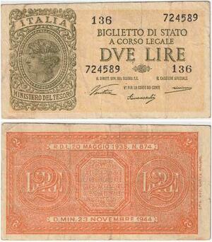Q1949 Banknote Italy 2 Lire Italia Biglietti di Stato 1935 1944 -> M offer