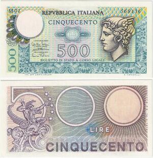Q1972 Banknote Italy 500 Lire Mercury 1974 UNC -> Make offer