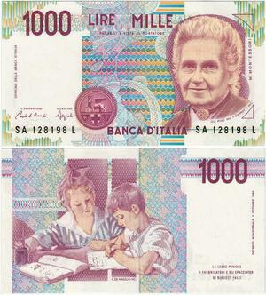 Q1979 Banknote Italy 1000 Lire Maria Montessori 1990 UNC -> Make offer