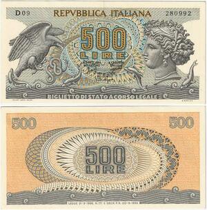 Q1983 Banknote Italy 500 Lire Arethusa 1966 UNC -> Make offer