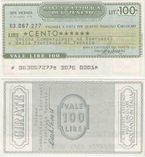 Q1986 Italy 100 Lires Banca Cattolica del Veneto 1976 UNC -> Make offer