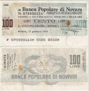 Q1991 Banknote Italy 100 Lire Banca Populare di Novara 1977 -> Make offer