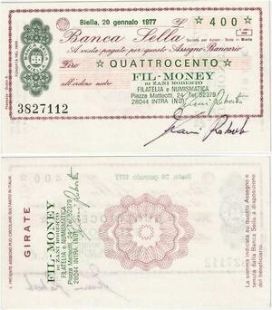 Q1996 Italy 400 Lire Babca Sella Fil Moneyt Di Zani Roberto 1977 UNC >Offer
