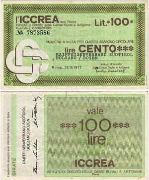 Q1999 Italy 100 Lire Iccrea Raiffeisenverbank Südtirol Balzano Bozen 1977