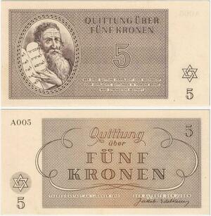 Q2008 Rare Czechoslovakia Ghetto Theresienstadt Judaica 5 Kronen 1943 UNC