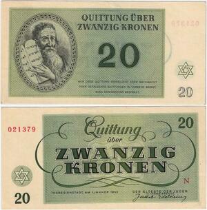 Q2010 Rare Czechoslovakia Ghetto Theresienstadt Judaica 20 Kronen 1943 UNC
