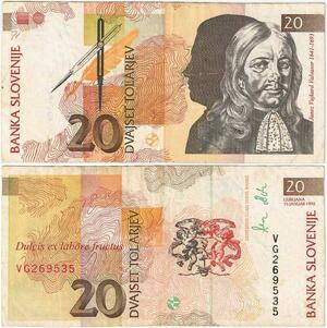 Q2058 Banknote Slovenia 20 Tolarjev Johann Weikhard von Valvasor 1992 AU