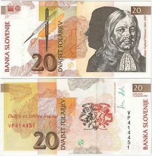Q2069 Banknote Slovenia 20 Tolarjev Johann Weikhard von Valvasor 1992 UNC