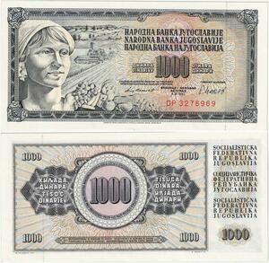 Q2197 Banknote Yugoslavia 1000 Dinara Paysanne Fruit Moissonneuse 1981