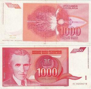 Q2212 Banknote Yugoslavia 1000 Dinara Nikola Tesla 1992 - Offer