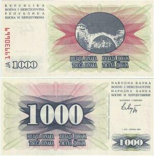 Q2217 Banknote Bosnia Herzegovina 1000 Dinara 1992 UNC - Offer