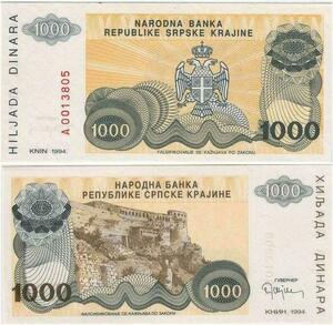 Q2220 Banknote Croatia Krajina 1000 Dinara Fortress Knin 1994 UNC - Offer