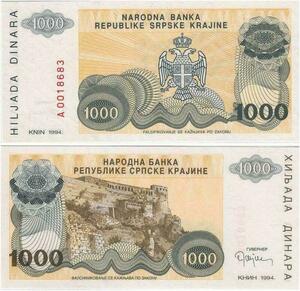 Q2221 Banknote Croatia Krajina 1000 Dinara Fortress Knin 1994 UNC - Offer