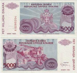 Q2223 Banknote Croatia Krajina 5000 Dinara Fortress Knin 1993 UNC - Offer
