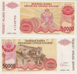 Q2224 Banknote Croatia Krajina 50000 Dinara Fortress Knin 1993 UNC - Offer