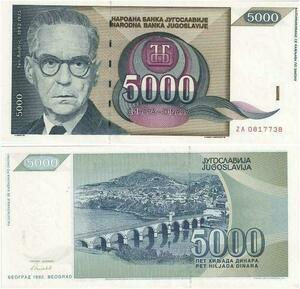 Q2266 Banknote Yugoslavia 5000 Dinara Ivo Andrić 1992 UNC - Offer