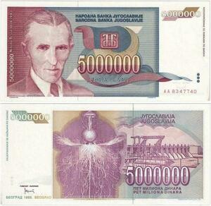 Q2279 Banknote Yugoslavia 5 Millions Dinara Nikola Tesla 1993 UNC - Offer