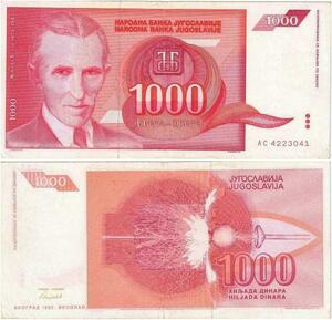 Q2280 Banknote Yugoslavia 1000 Dinara Nikola Tesla 1992 AU- Offer