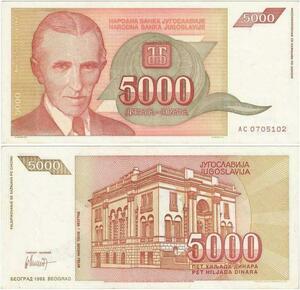 Q2294 Banknote Yugoslavia 5000 Dinara Nikola Tesla 1993 UNC - Offer