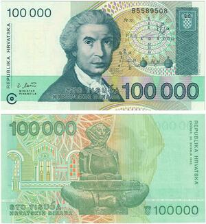 Q2487 Banknote Croatia 100000 Dinara Ruđer Bošković 1993 UNC -- Make Offer