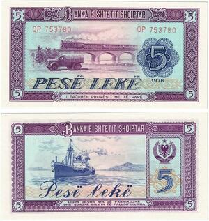 Q2538 Banknote Albania 5 Lekë 1976 UNC -- Make Offer