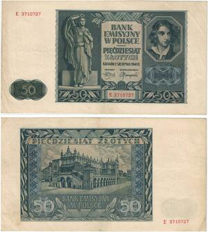 Q2564 Banknote Poland 50 Zloty Emilia Plater 1941 AU -- Make Offer