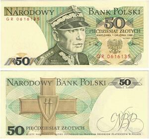 Q2612 Banknote Poland 50 Zlotych Karol Świerczewski 1988 UNC -- Make Offer