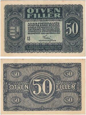 Q2643 Banknote Hungary 50 Fillér 1920 AU+ -- Make Offer