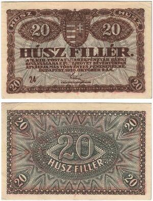 Q2644 Banknote Hungary 20 Fillér 1920 Colorful AU+ -- Make Offer