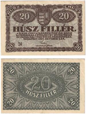 Q2645 Banknote Hungary 20 Fillér 1920 AU -- Make Offer