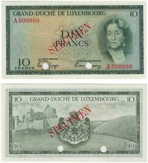 Q3418 Luxembourg Specimen Essai 10 Francs Grand Duchesse Charlotte 1954 FDC