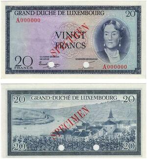 Q3421 Rare Luxembourg Specimen Essai 20 Francs Duchesse Charlotte 1955 UNC