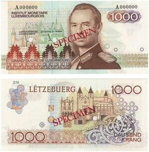 Q3437 Rare Luxembourg Specimen Essai 1000 Francs Grand-Duke Jean 1985 UNC