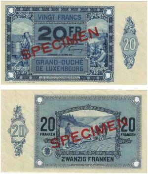Q3442 Banknote Rare Luxembourg Specimen Essai 20 Francs 1929 4 holes UNC