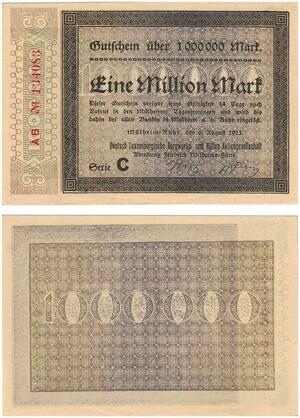 Q3462 German Luxembourg Mülheim Ruhr Mines Bergwerk 1 Million Mark 1923 UNC