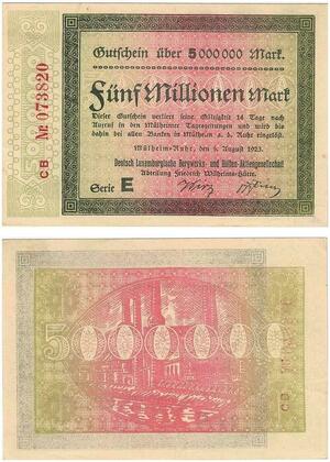 Q3463 German Luxembourg Mülheim Ruhr Mines Bergwerk 5 Million Mark 1923 UNC