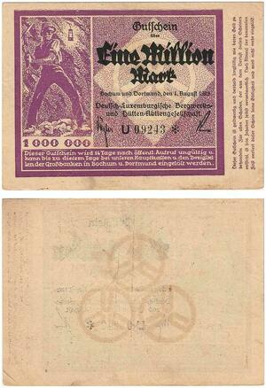 Q3464 German Luxembourg Bochum Dortmunt Bergwerk 1 Million Mark 1923 AU