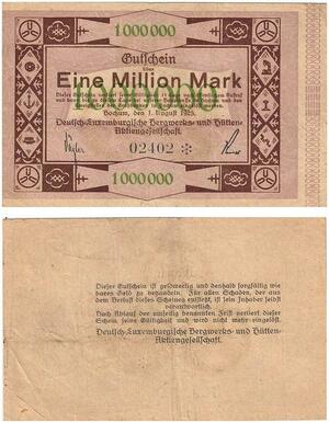 Q3465 German Luxembourg Bochum Bergwerk Mines 1 Million Mark 1923 AU