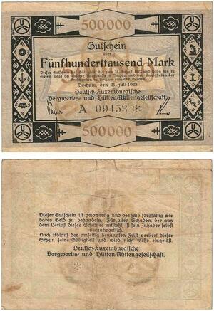 Q3471 German Luxembourg Bochum Dortmunt Mines Bergwerk 500 000 Mark 1925