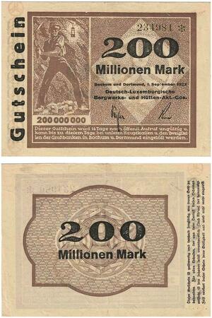 Q3473 German Luxembourg Bochum Dortmunt Mines Bergwerk 200 Million Mark 1923