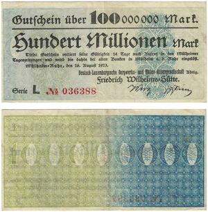 Q3474 German Luxembourg Mülheim Ruhr Mines Bergwerk 100 Million Mark 1923